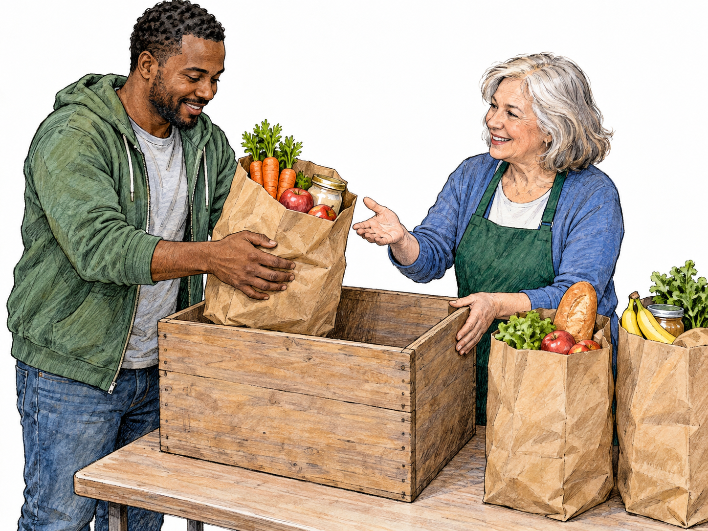 A man adds a bag of groceries to a shared food-donation collection while a volunteer receives it.