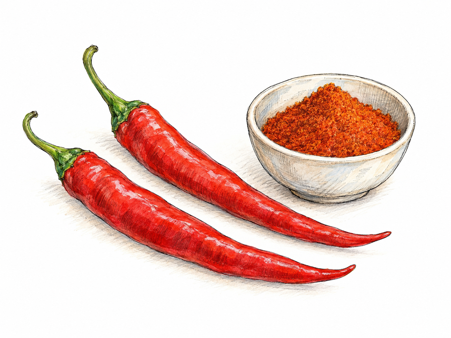 Two slender, curved red cayenne peppers with green stems beside a small plain bowl of finely ground red cayenne spice, showing both the pepper and its powdered form.
