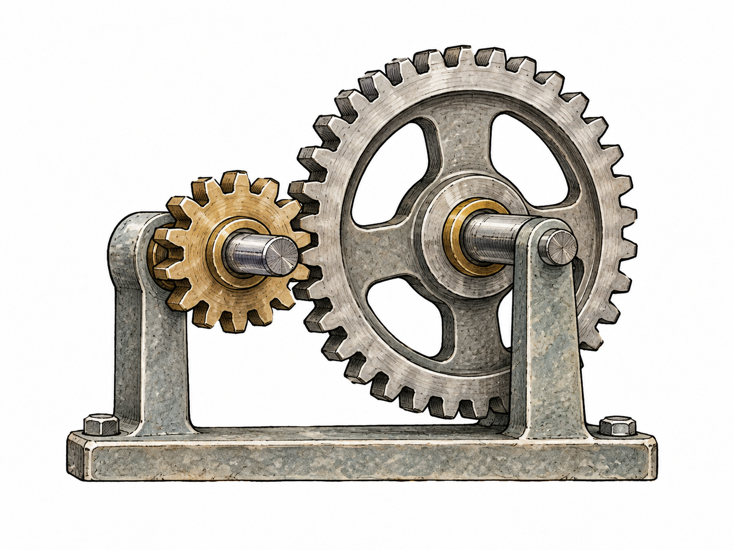 A small toothed pinion gear visibly meshes tooth-to-gap with a larger gear, both axles held in a simple bracket, clear mechanically plausible contact, no labels.