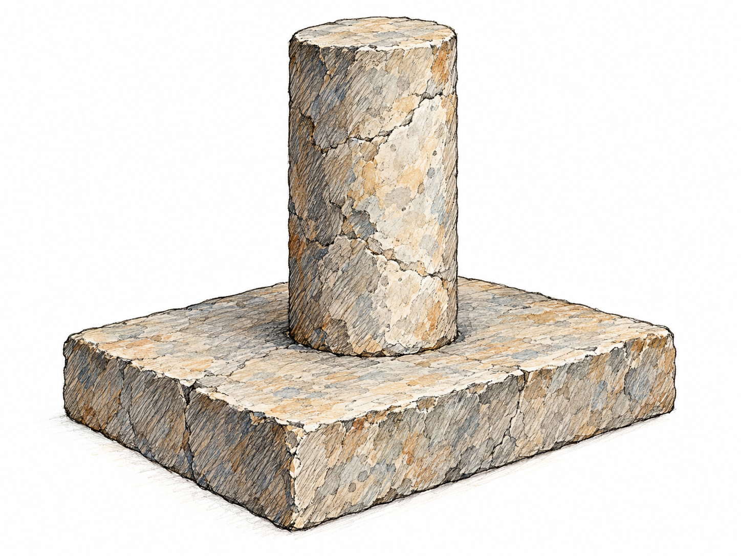 A broad stone foundation slab visibly supports a short, upright stone column, making the underlying support the clear focus.