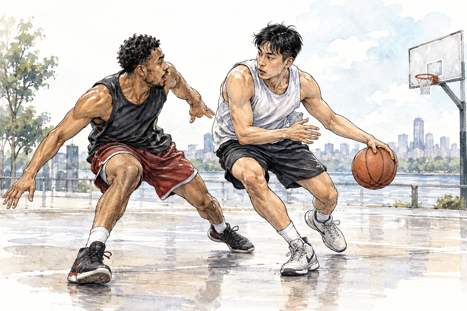 A basketball player makes a deceptive shoulder feint one way while shifting ball the other, defender reacts to false move, natural anatomy.