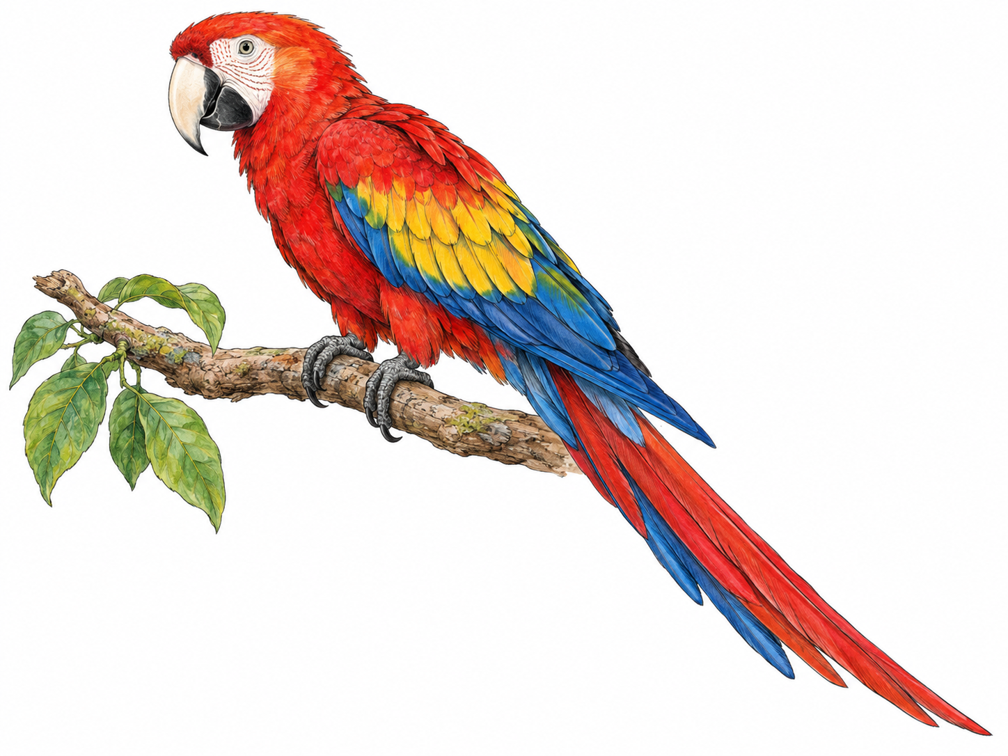 A scarlet macaw perched on a simple branch, showing its vivid red, yellow and blue plumage, powerful curved beak, gripping feet and long tapered tail.