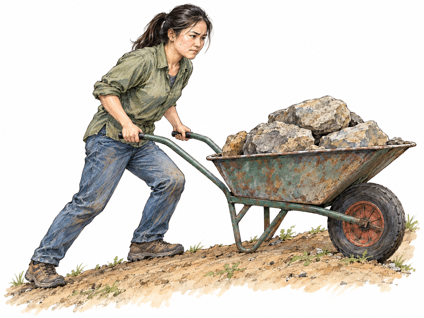 A woman strains to push a heavily loaded wheelbarrow up a short incline, visibly putting physical energy into the task.