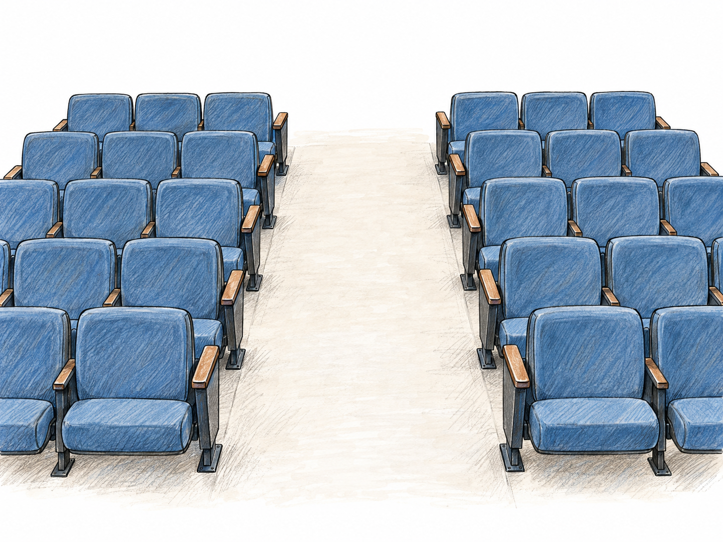 A clear central walking passage between two banks of auditorium seats, viewed from the entrance so the uninterrupted aisle is the dominant shape.