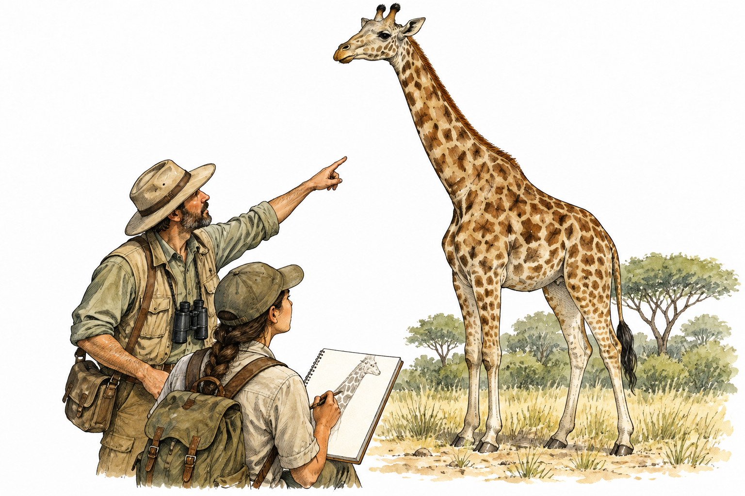 A naturalist points out a giraffe's long neck and spotted coat to a student while sketching those defining features, no words.