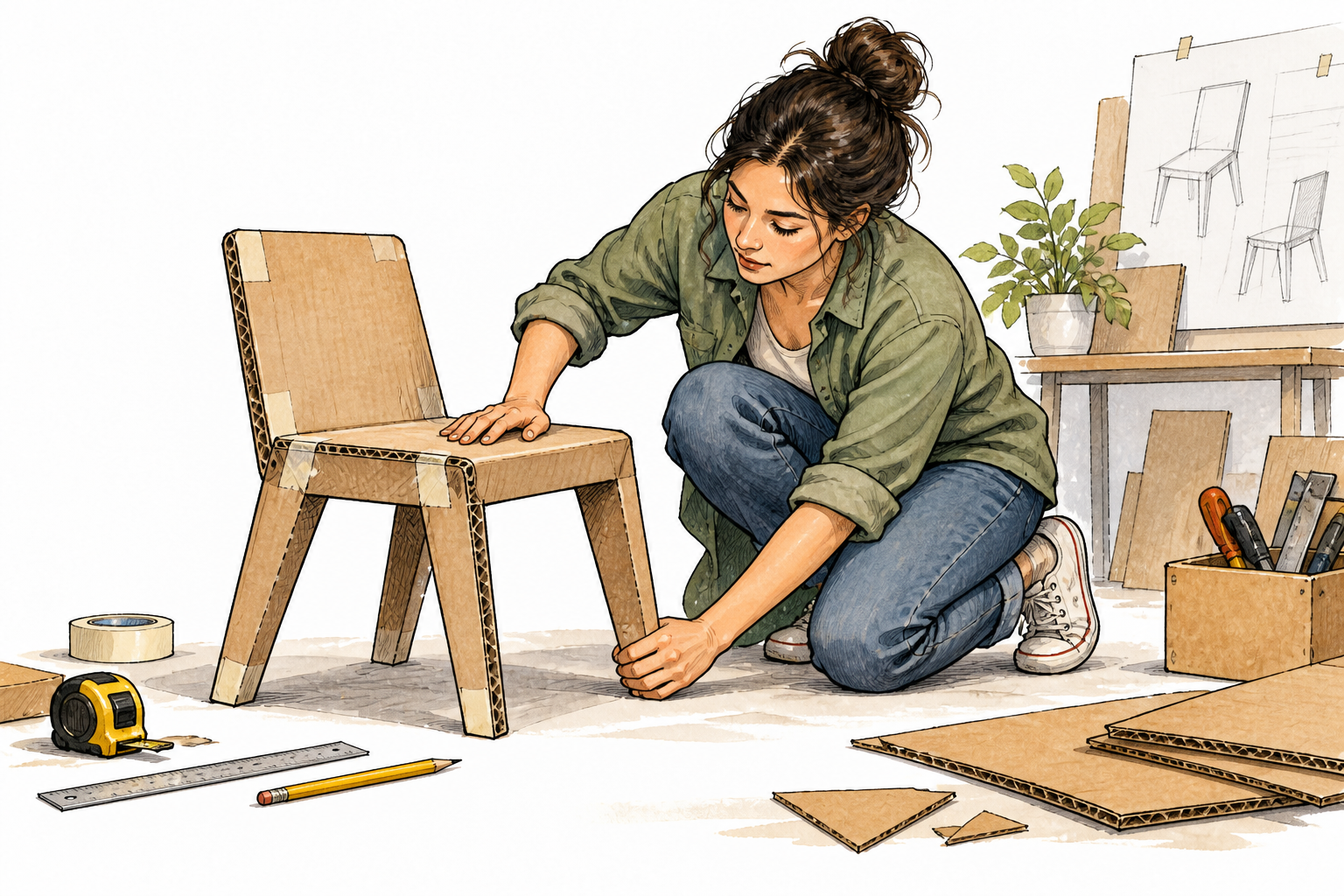 An early unfinished cardboard model of a small chair sits beside tools while a designer tests its leg stability.