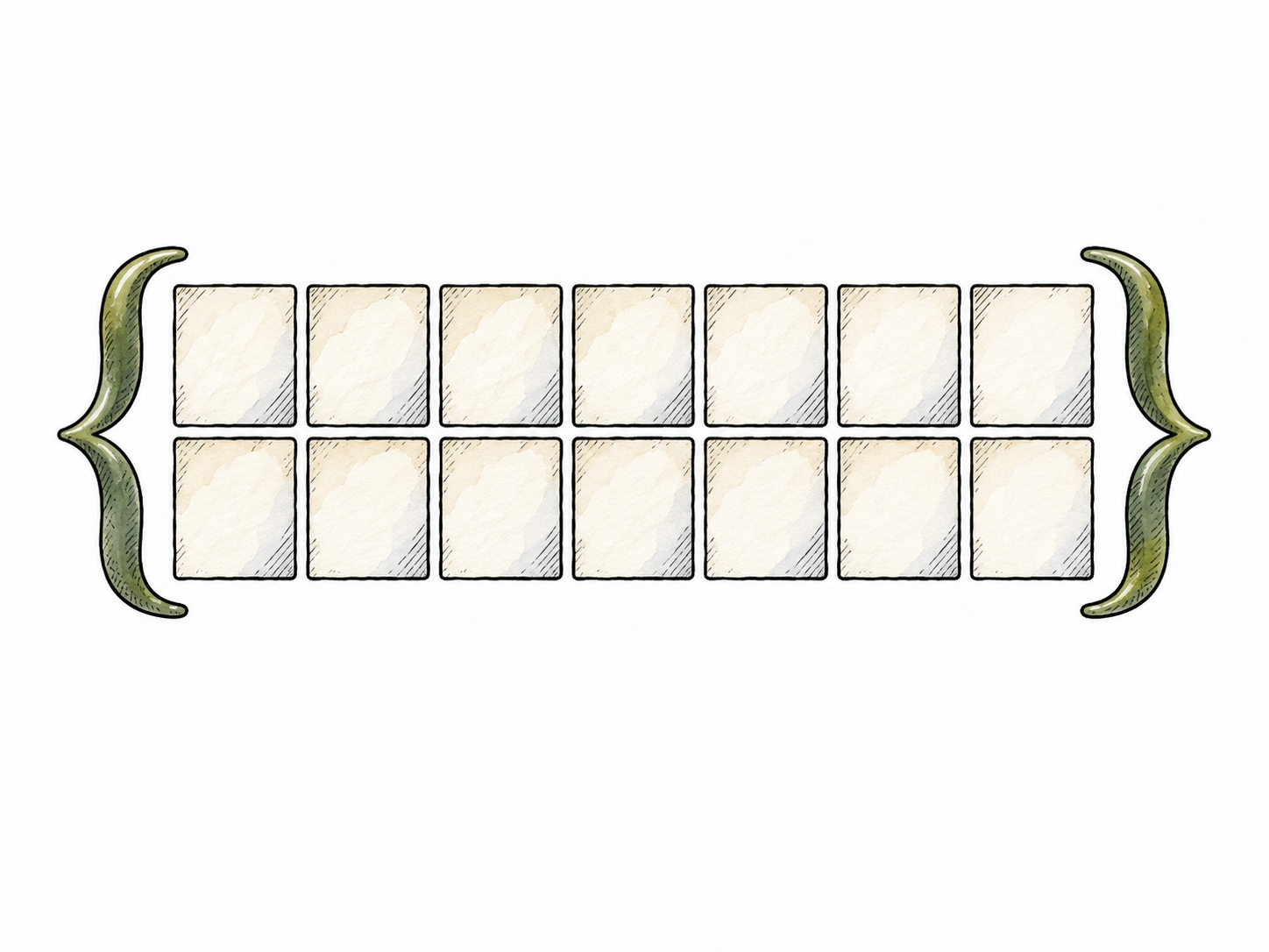 A simple calendar-like grid of exactly fourteen blank daily squares in two rows of seven, all fourteen enclosed by one bracket; no numbers.
