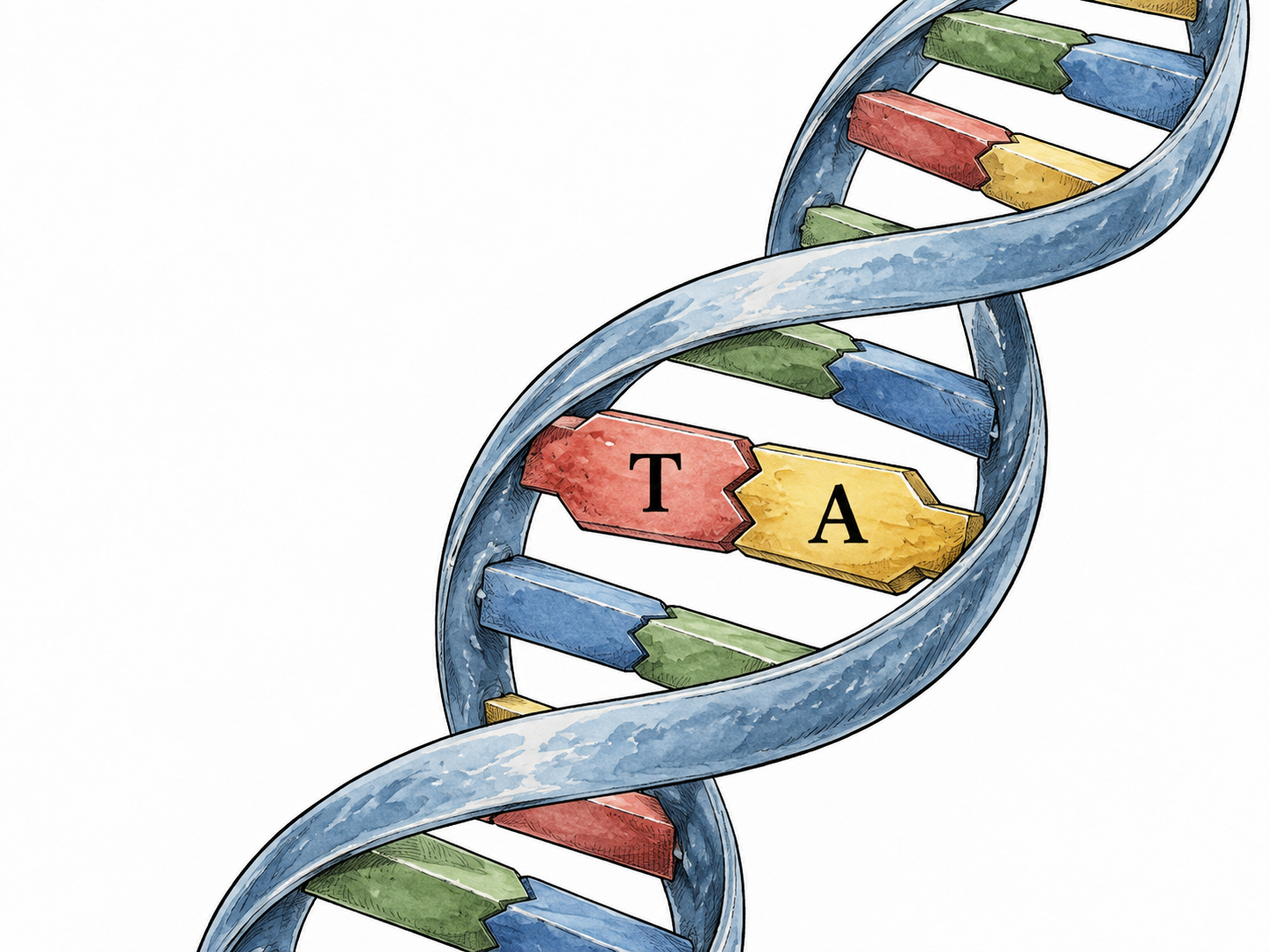 A restrained DNA ladder detail with one clearly marked pair T and A on opposite connected rungs; emphasize thymine T, no chemical bond formula.