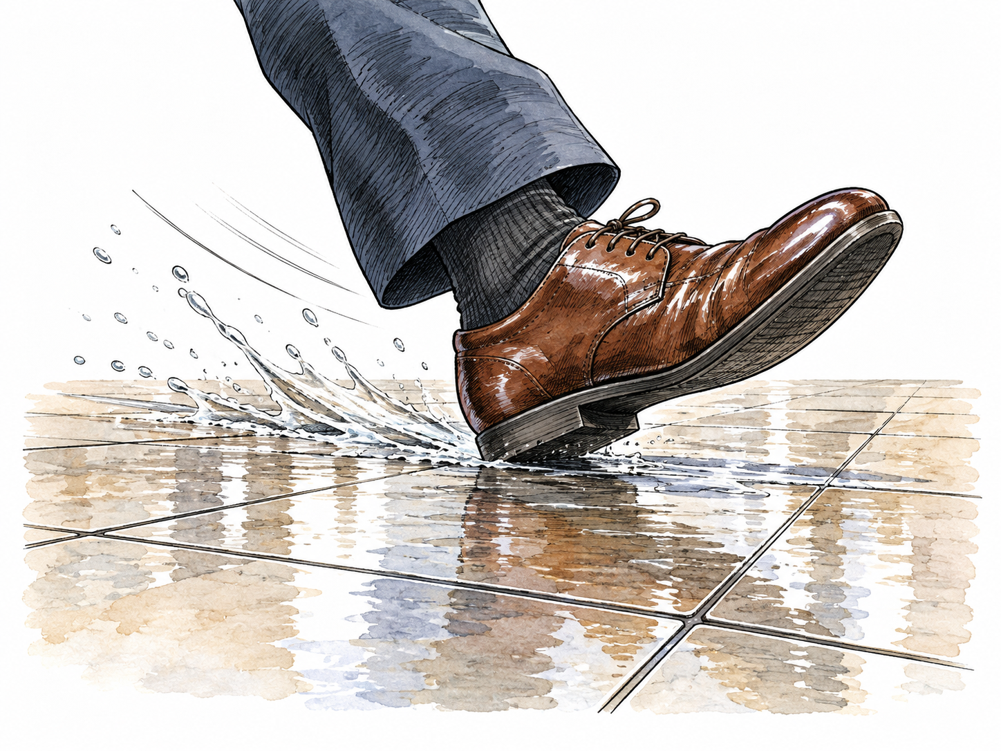 A shoe skids on a glossy wet tiled floor, visible water sheen.