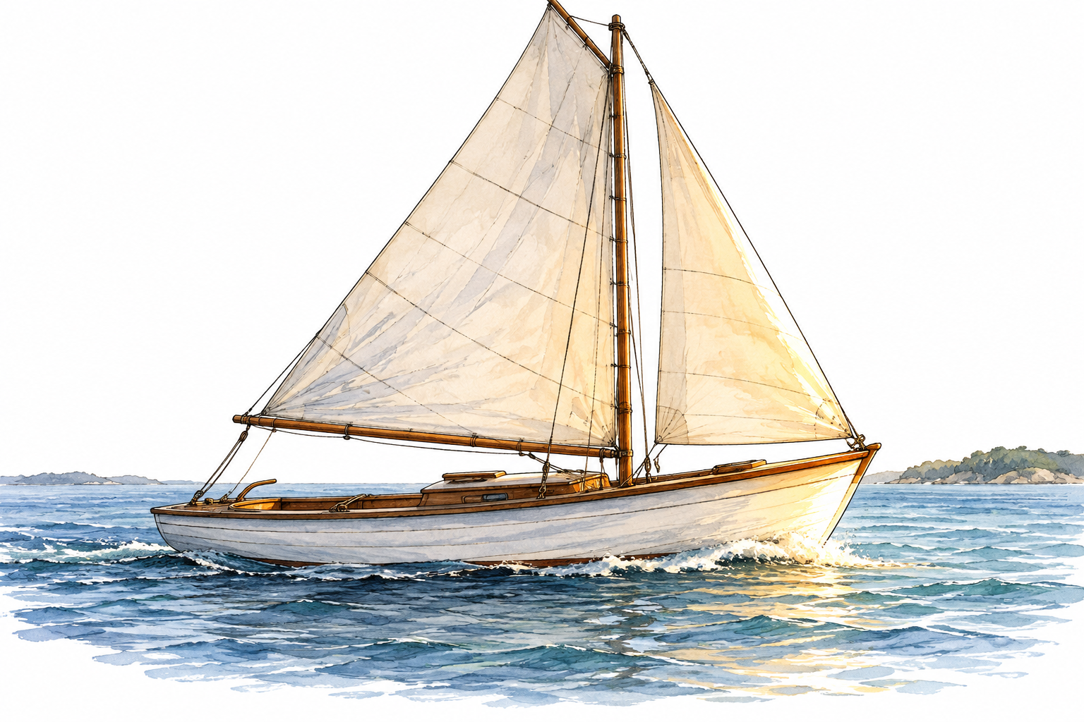 A simple sailboat in side view with its front bow warmly highlighted and rear muted, fore location, no labels.
