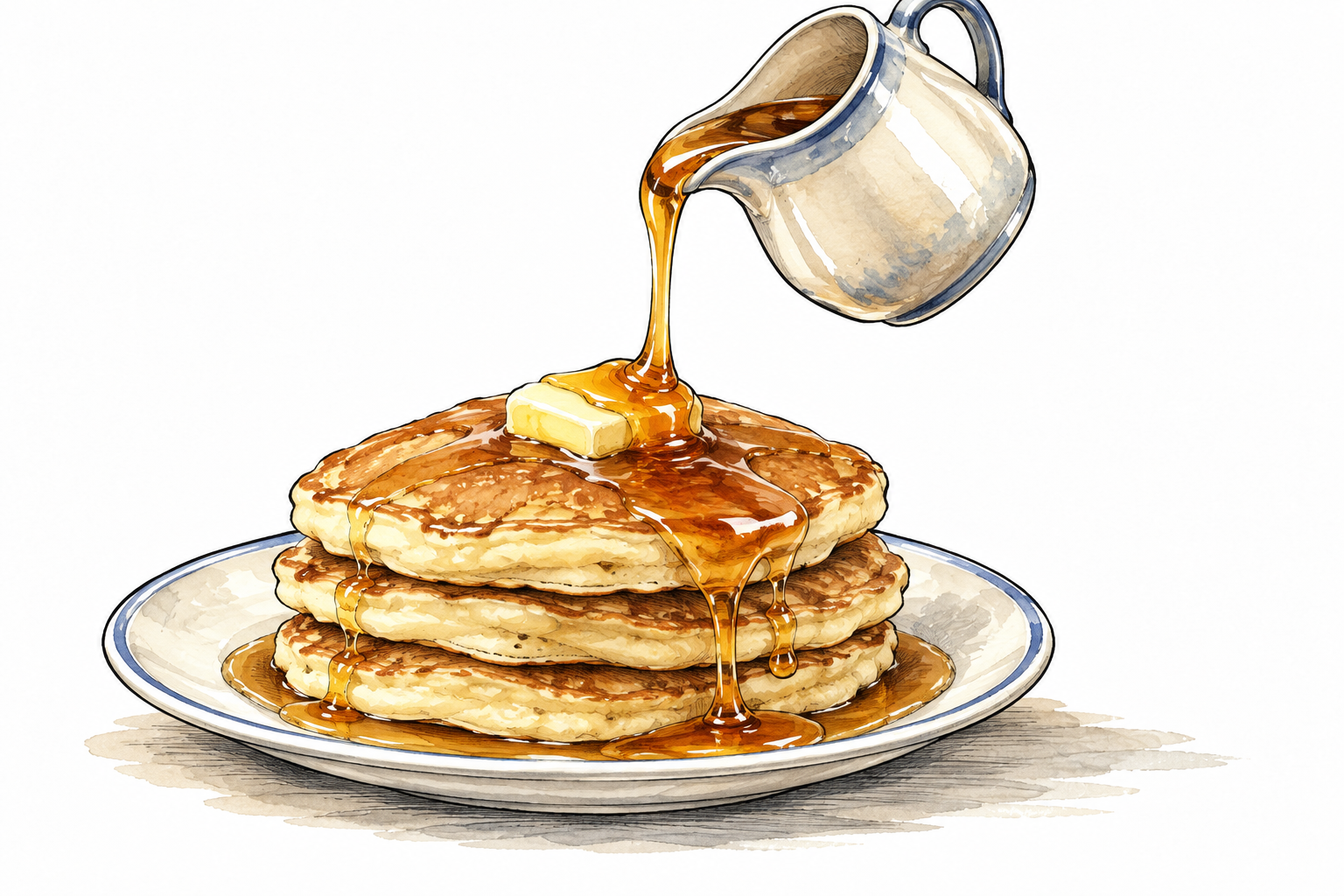 Thick amber syrup pours slowly from a small pitcher onto pancakes, viscous stream clear.