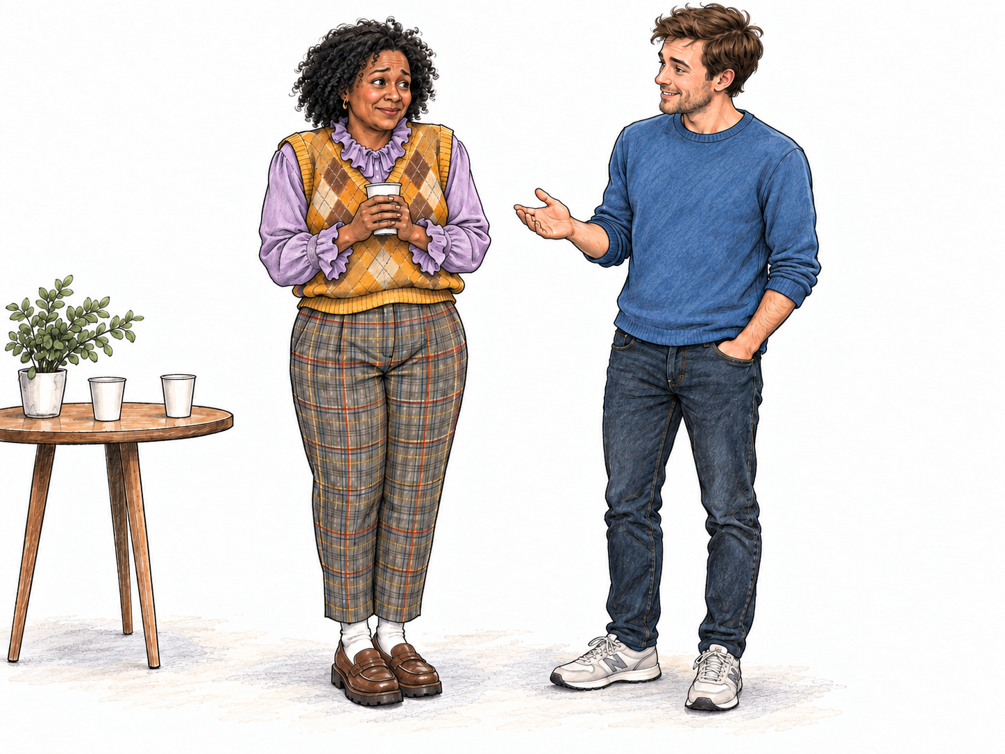 At a casual gathering, an unfashionably dressed woman stands stiffly beside a relaxed guest, clutching her cup with both hands.