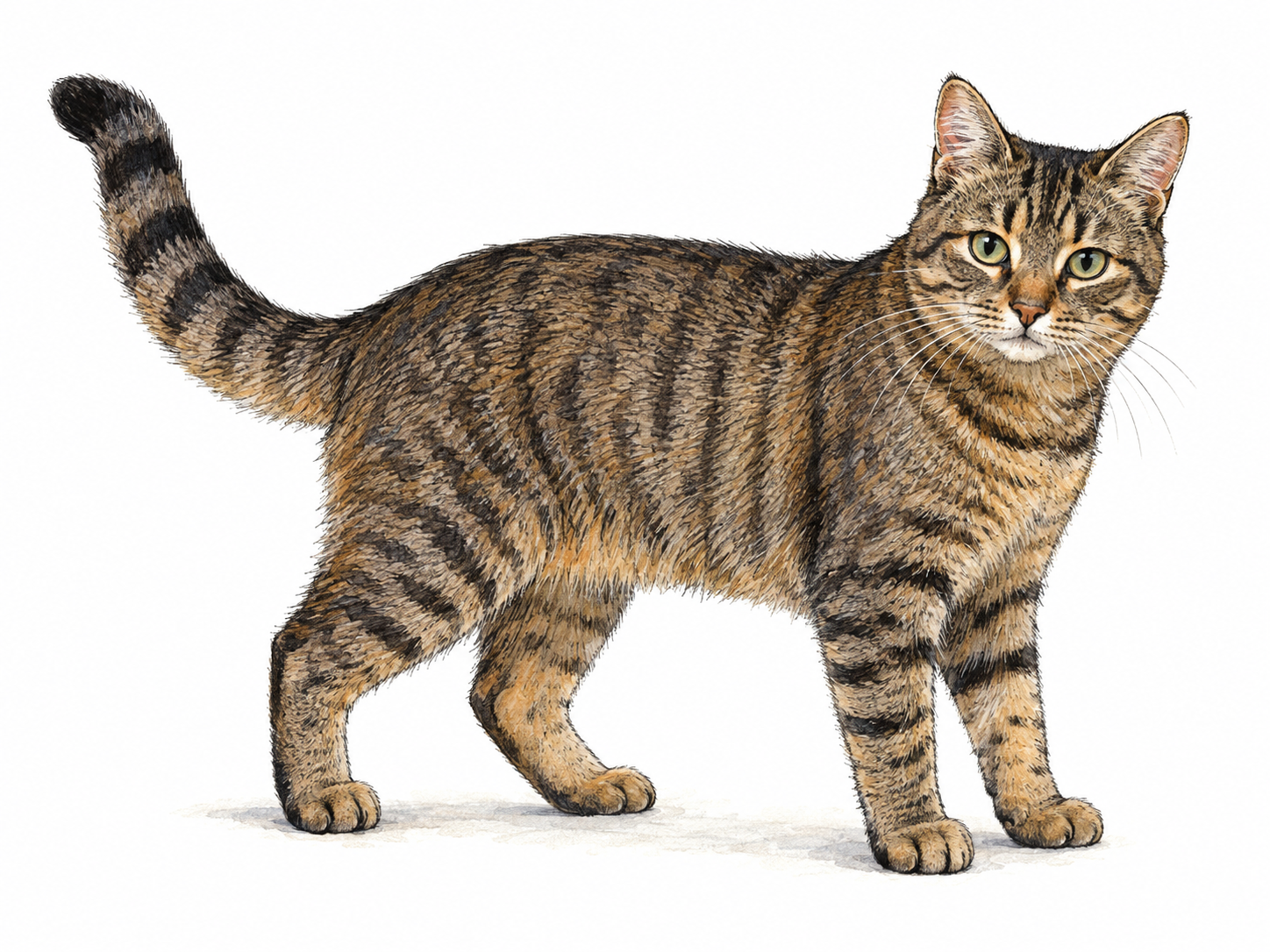 A single short-haired brown tabby cat standing in three-quarter side view, with clearly visible dark stripes across its flanks and legs, a ringed tail, and the characteristic forehead marking.
