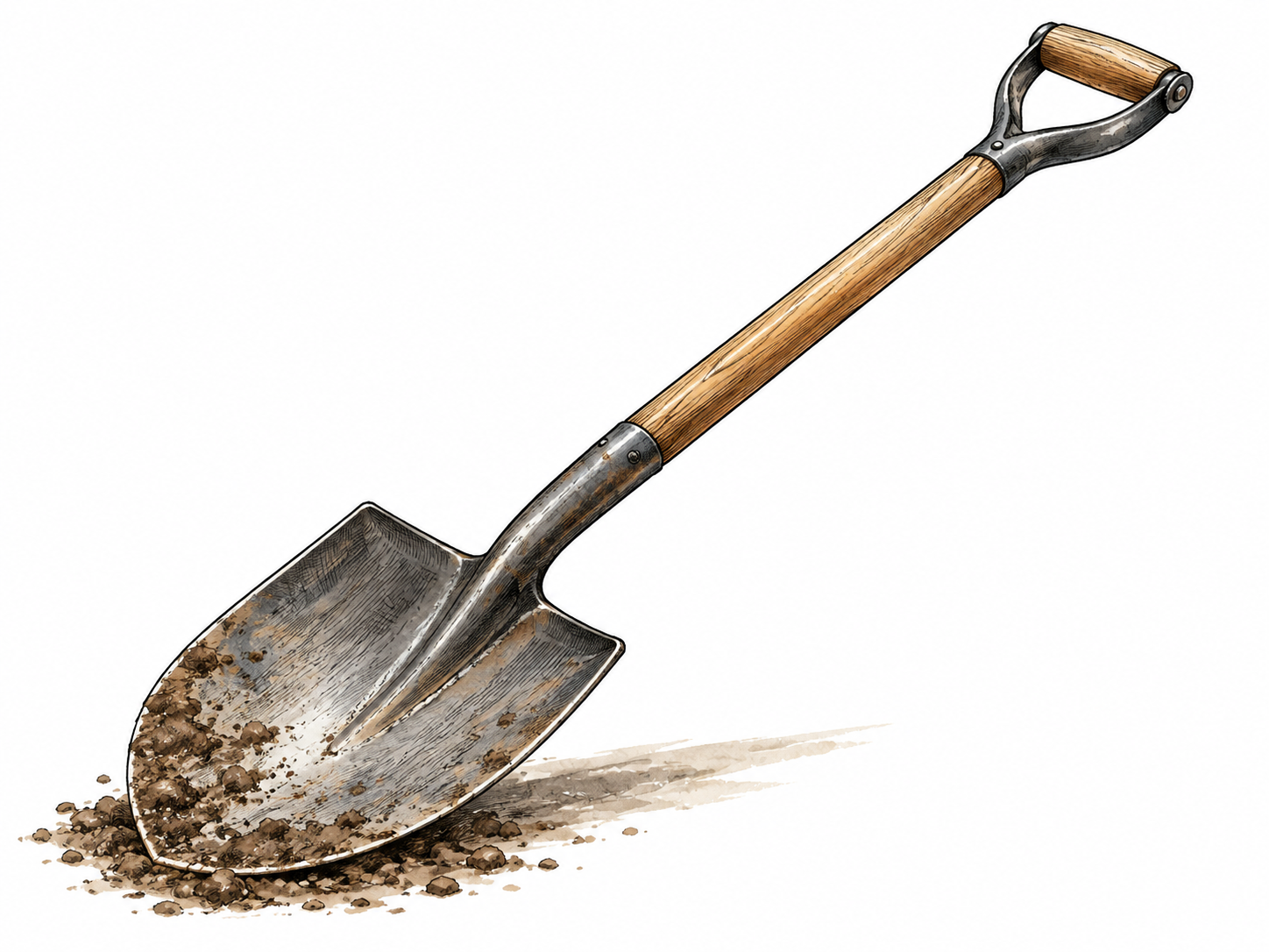 Single realistic garden shovel broad metal scoop and long wooden handle.