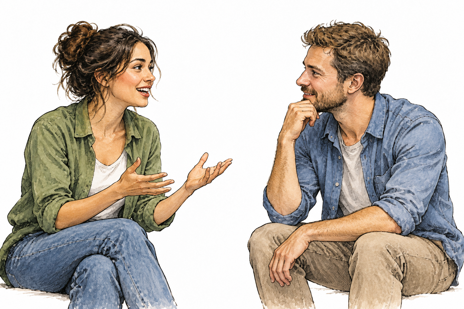 Two modern adults converse face-to-face with natural expressive gestures, no speech bubbles or writing.
