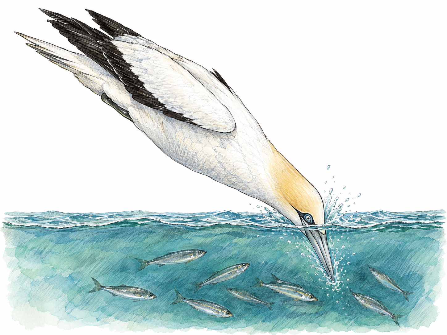 A recognizable adult northern gannet plunges headfirst through the sea surface toward a small school of fish, its long pointed bill, pale golden head, white body and black-tipped wings clearly visible.