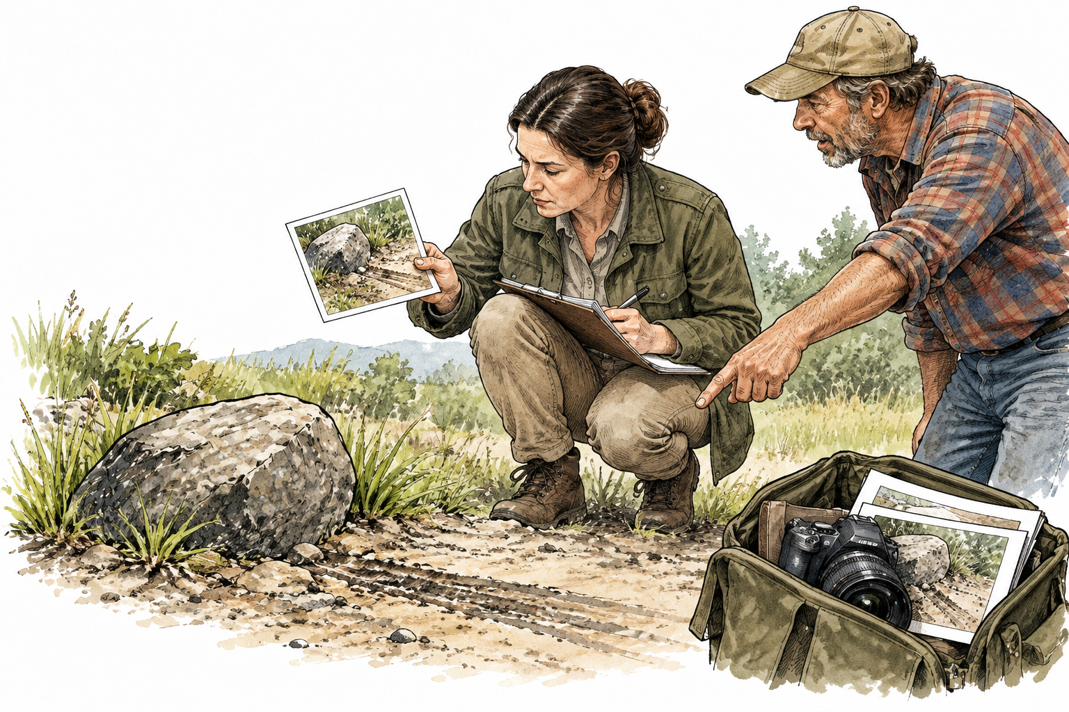 A fact checker compares a witness account with matching physical evidence and photographs, verifying accuracy, documents unlettered.