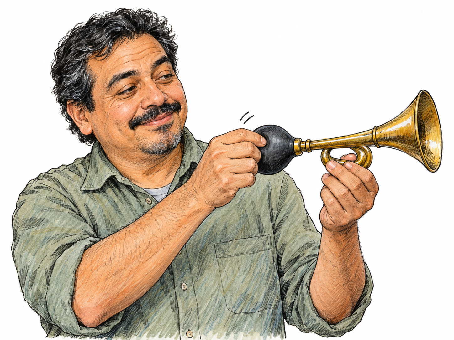 A middle-aged Latino man gives a small handheld bulb horn one quick squeeze, illustrating a short toot.
