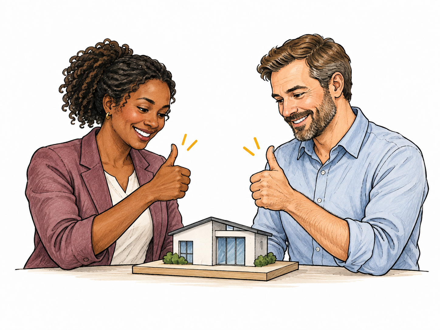 Two adults inspect same simple model and nod together with matching thumbs-up, clear agreement, no text.