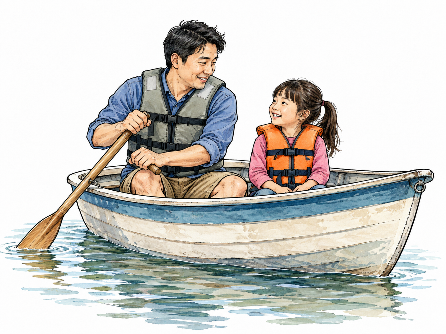 A small child wearing a properly fastened life vest sits safely with a parent in a stable boat on calm water, adults attentive, no text.