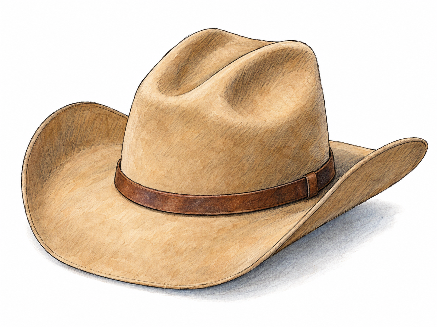A single felt cowboy hat shown in three-quarter view, with its broad curved brim, creased crown, and simple leather hatband clearly visible.