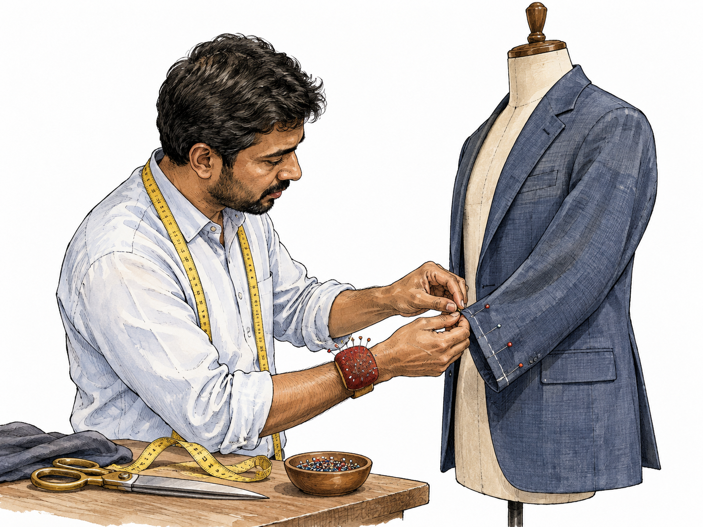 South Asian tailor pins and changes jacket sleeve on dress form.