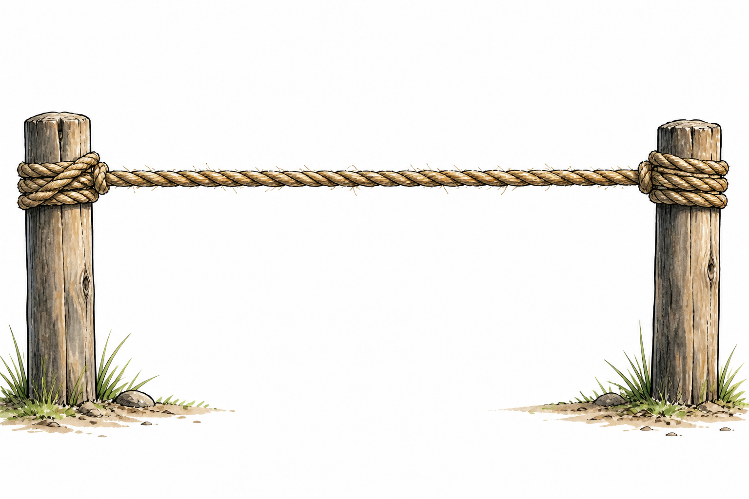 A rope stretched extremely taut between two sturdy posts, straight tension with visible fibers, no writing.