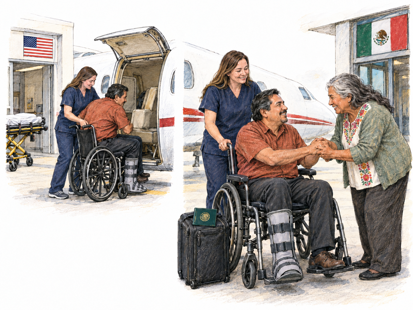 An assisted medical return from abroad: the same Mexican traveler is transferred from an American hospital to an air ambulance, then brought off that aircraft in Mexico to meet his waiting mother.
