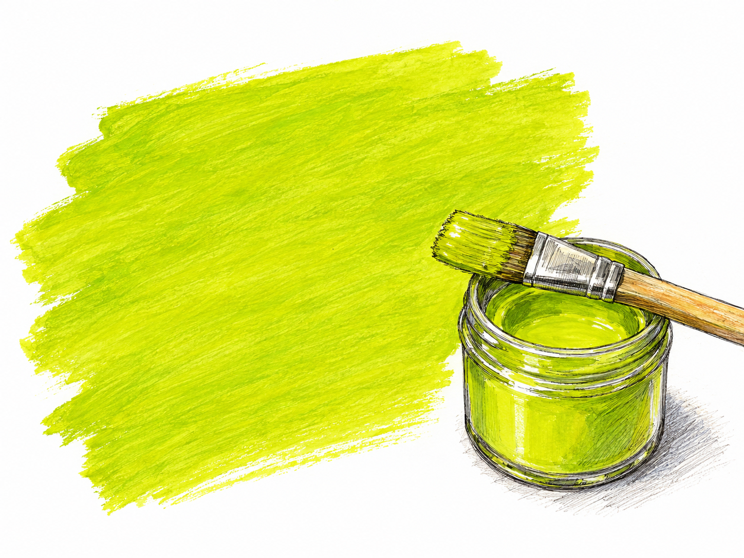 A brush, paint pot and broad swatch share a bright yellow-green color.