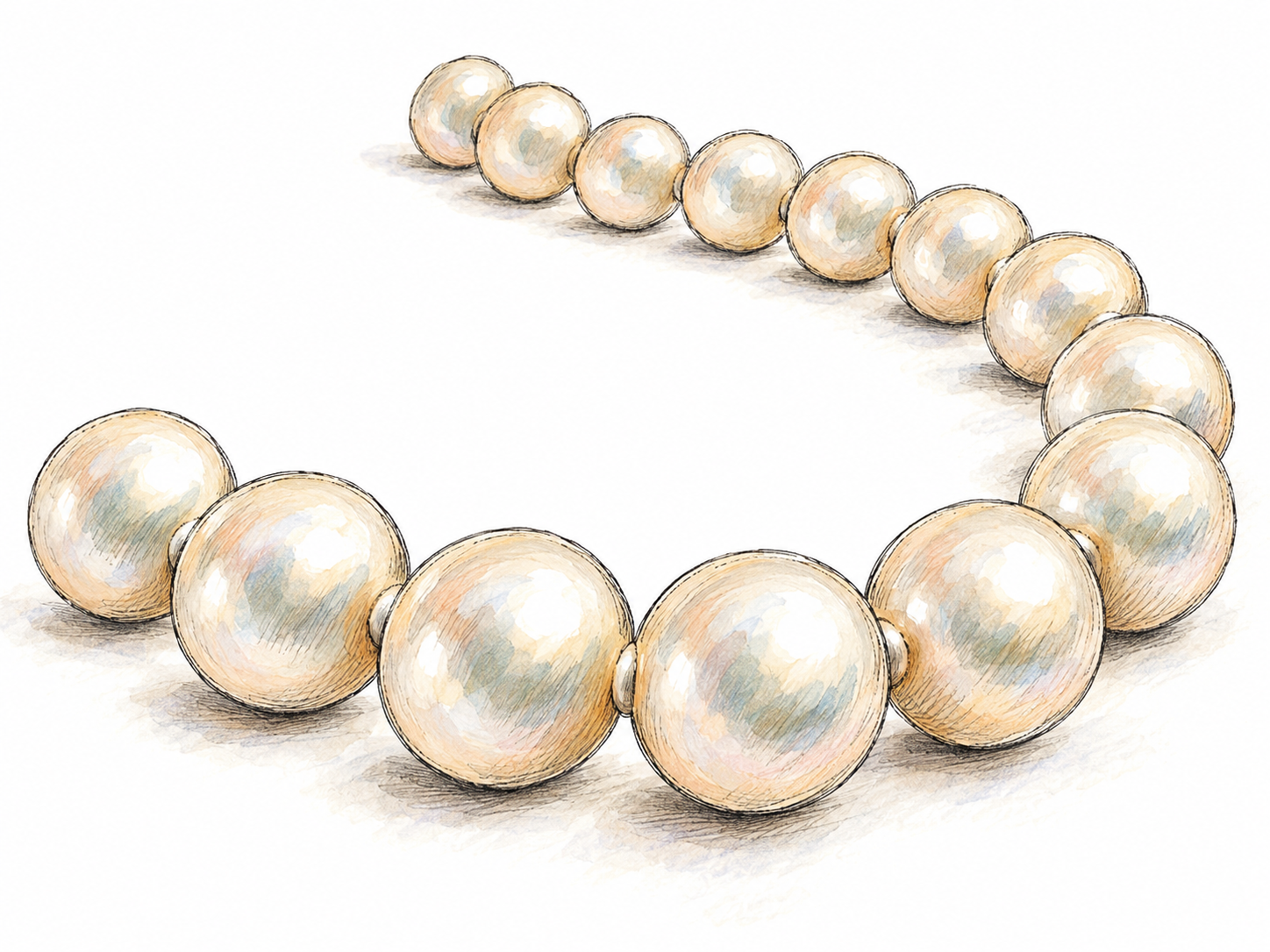 A close-up of a loosely curved strand of cream pearls, whose broad, soft reflected highlights clearly show their gentle surface luster.