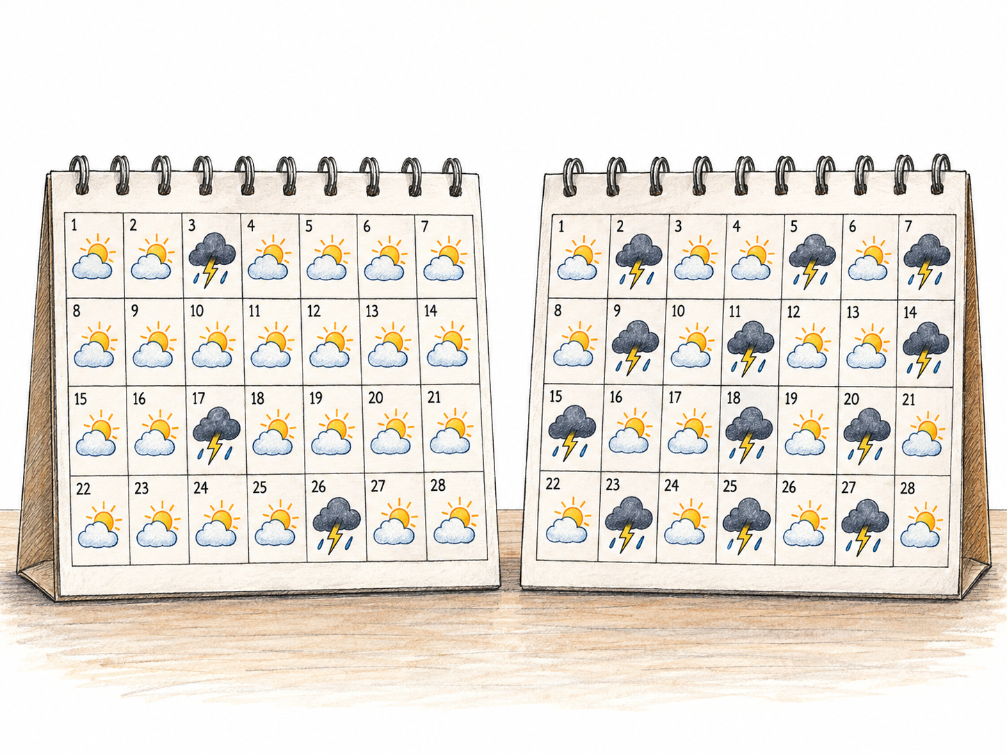 Compare two physical monthly weather calendars with the same date grid: thunderstorms recur on only a few days in one calendar and on many days in the other.