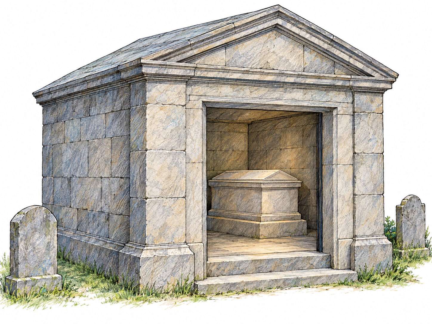 A substantial stone burial building with an open entrance revealing a full-size stone sarcophagus resting above ground on a raised plinth.