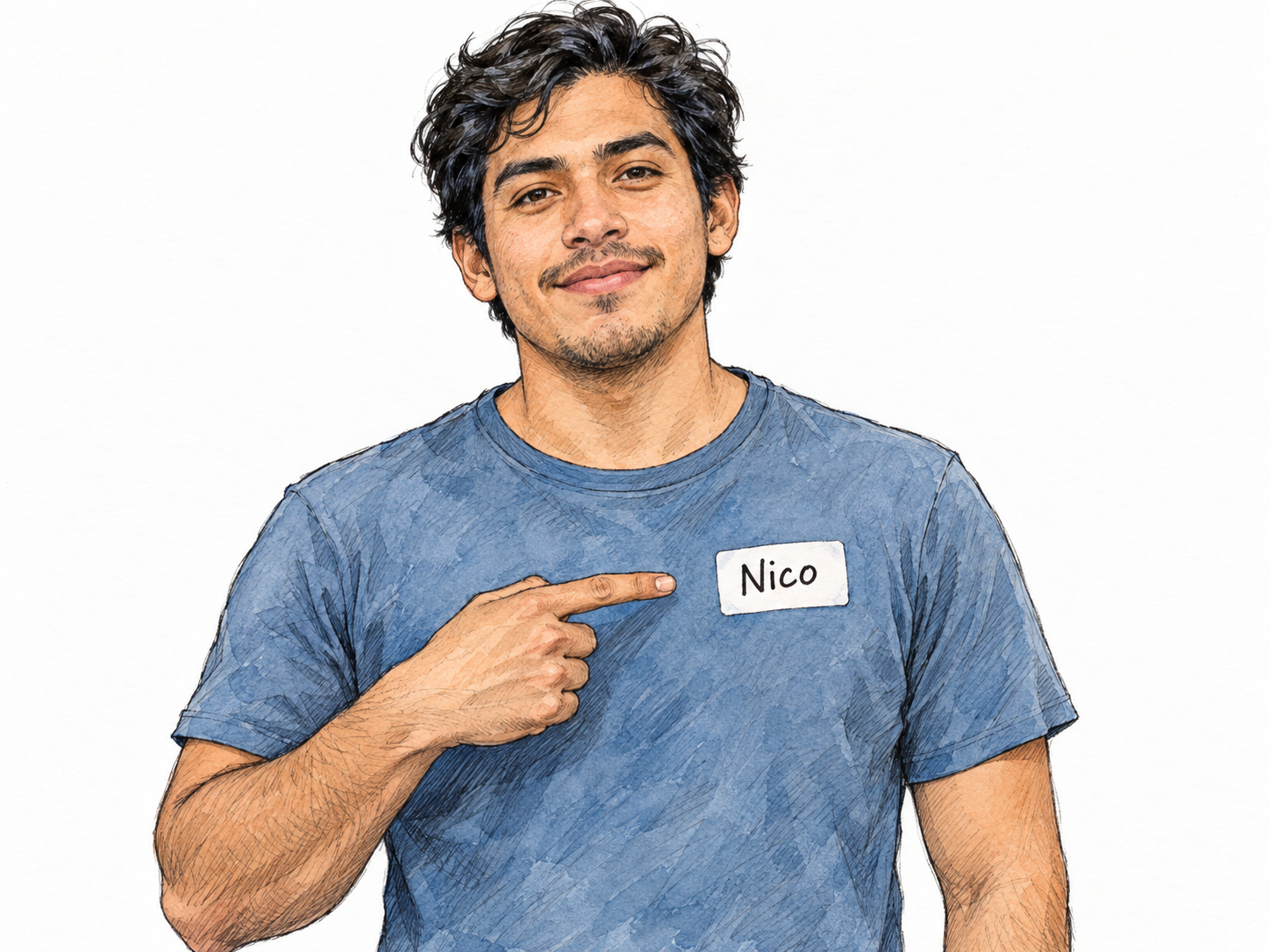 A young man points to a simple name sticker on his chest bearing only “Nico,” making a person's name the clear focus.