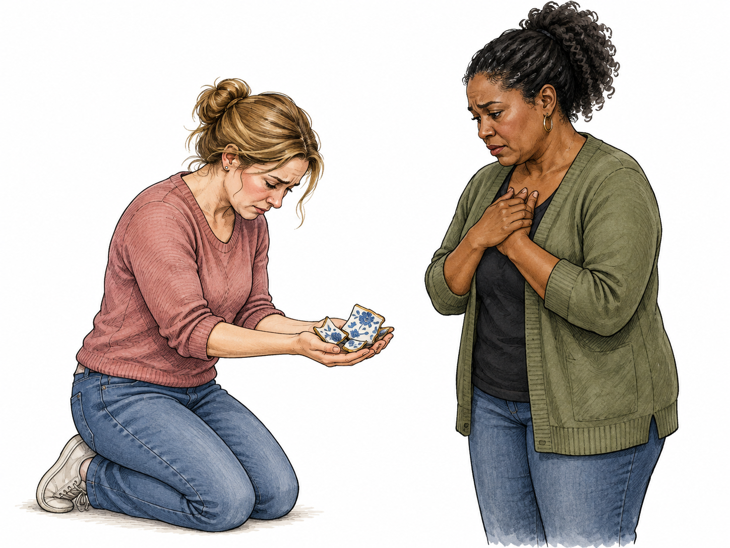 An adult looks remorsefully at a keepsake broken by the adult, then offers its pieces and a sincere apology to its owner through bowed posture and open hands; no text.