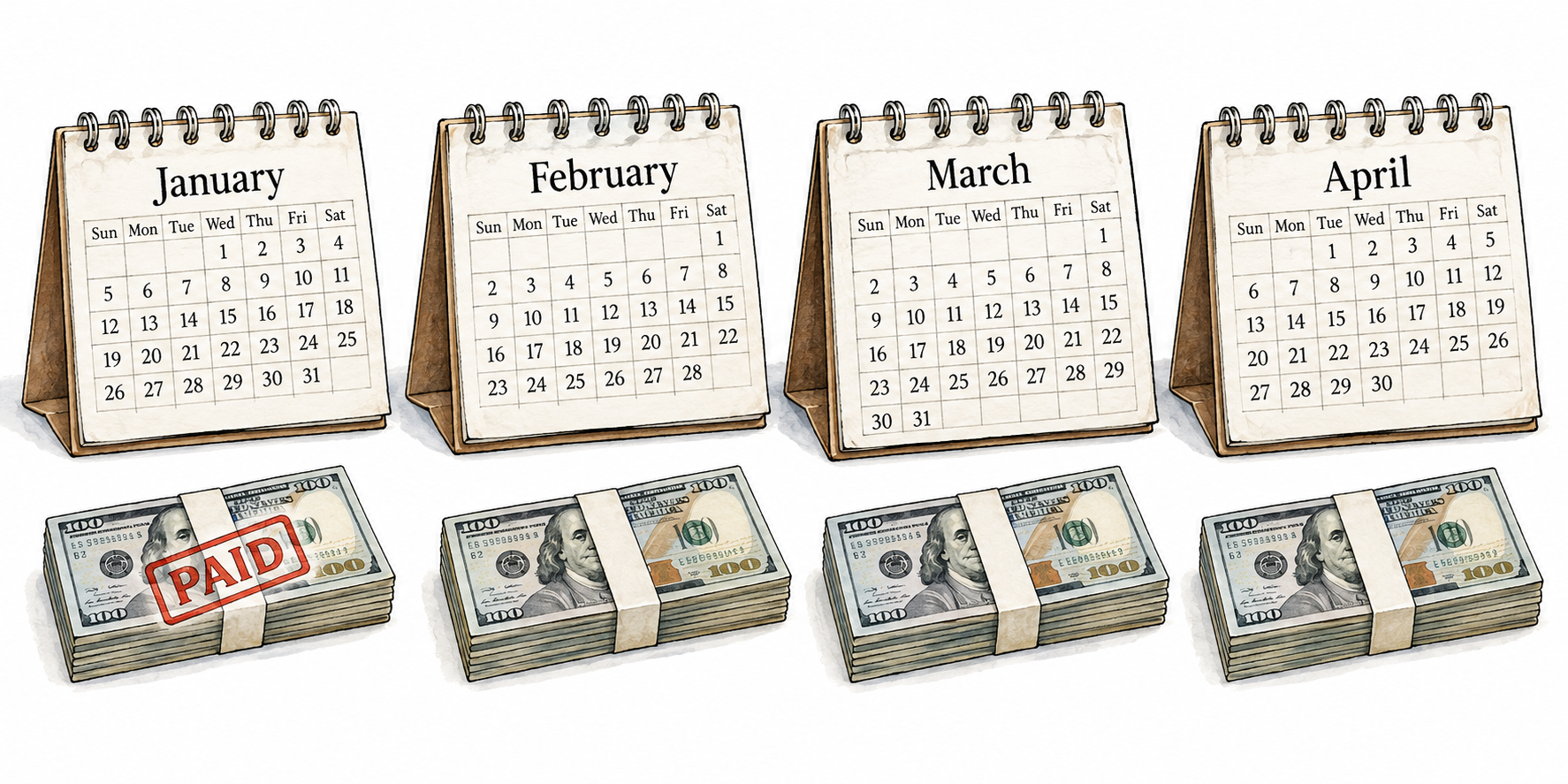 Four calendar pages with equal money payments laid beneath each month, first installment paid and three remaining.