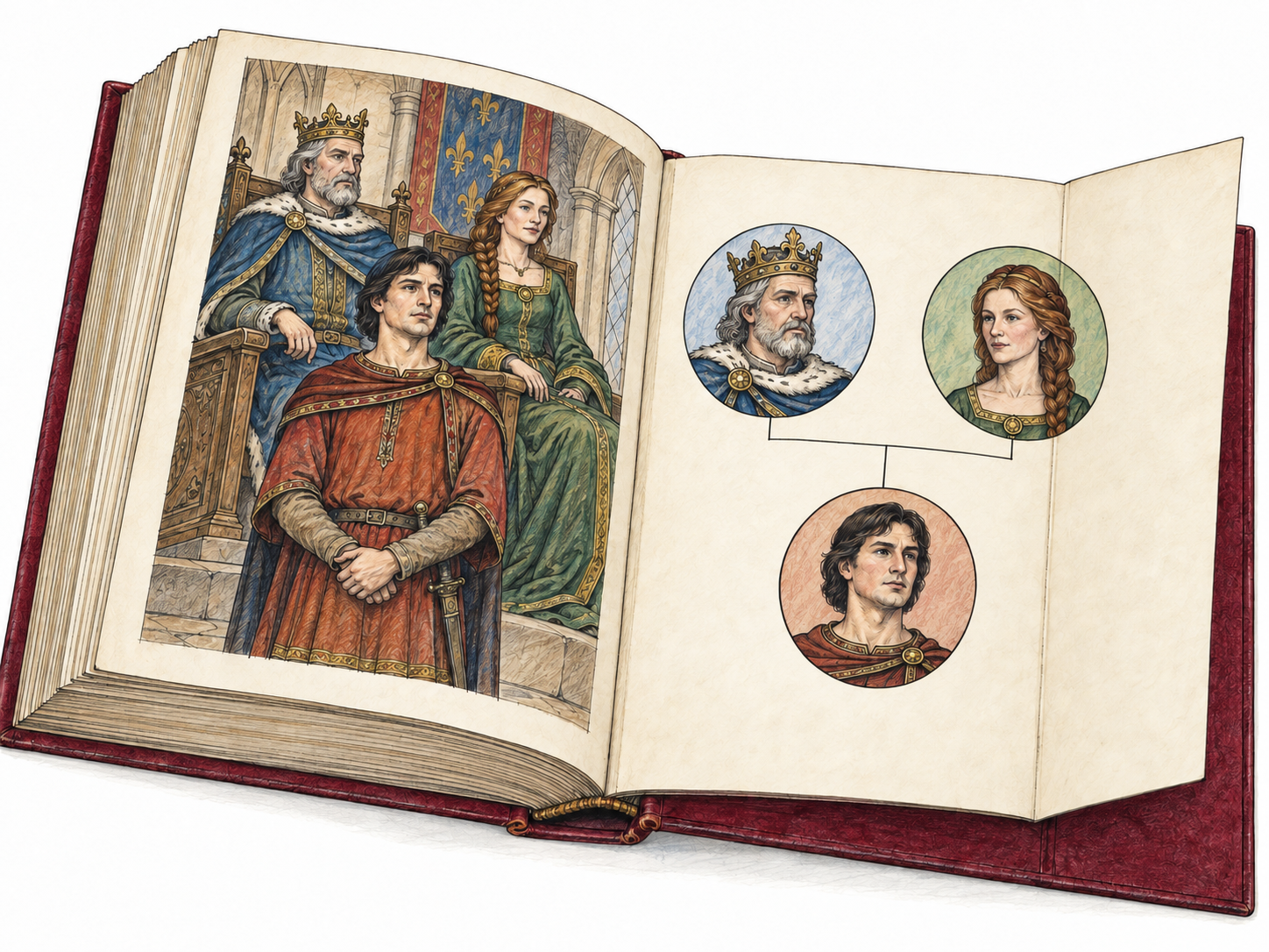 A single illustrated history book opened at its final bound section: a foldout family tree supplies reference material about the same royal figures depicted in the main narrative pages.