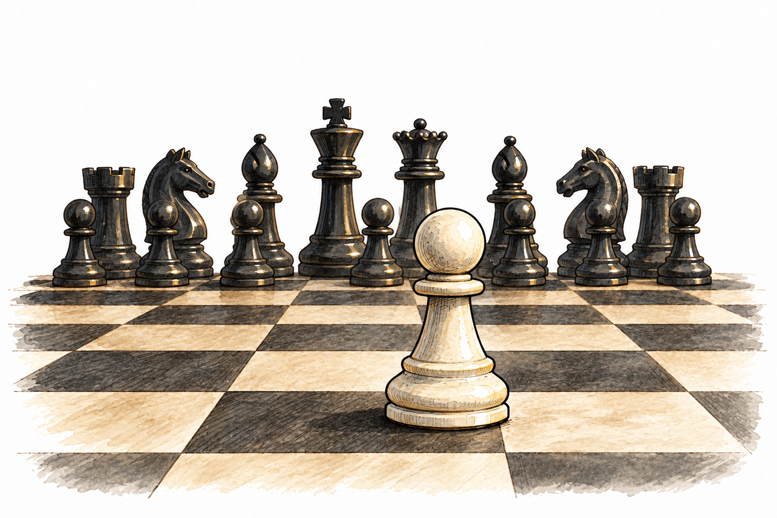 A single white chess pawn on a correct alternating-square chessboard, clear pawn shape.