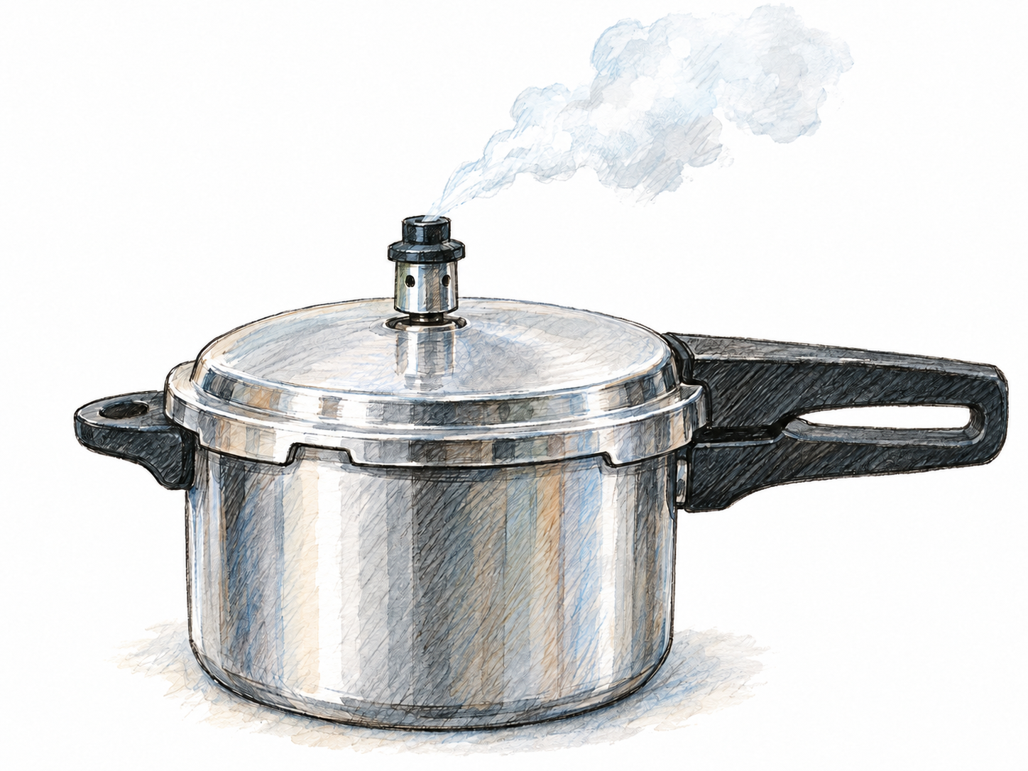 A close-up of a metal pressure cooker's valve releasing a narrow, forceful jet of steam.