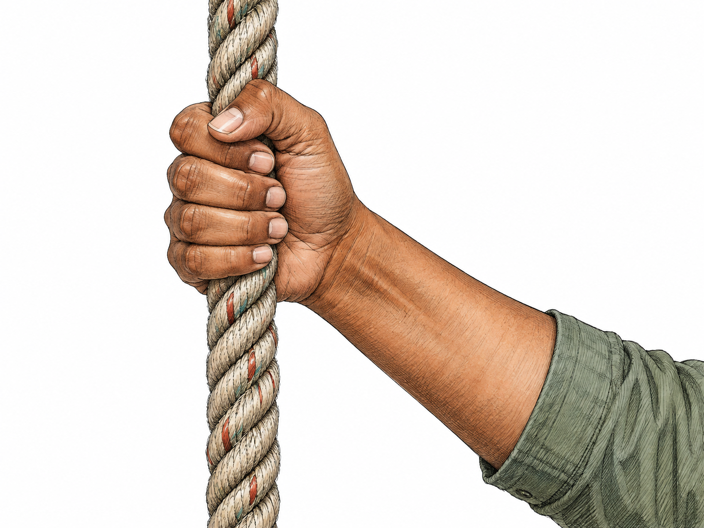 One hand firmly grips a thick vertical climbing rope, thumb and fingers wrap around it visibly and securely; short length of rope and forearm only, no cliff or peril scene.