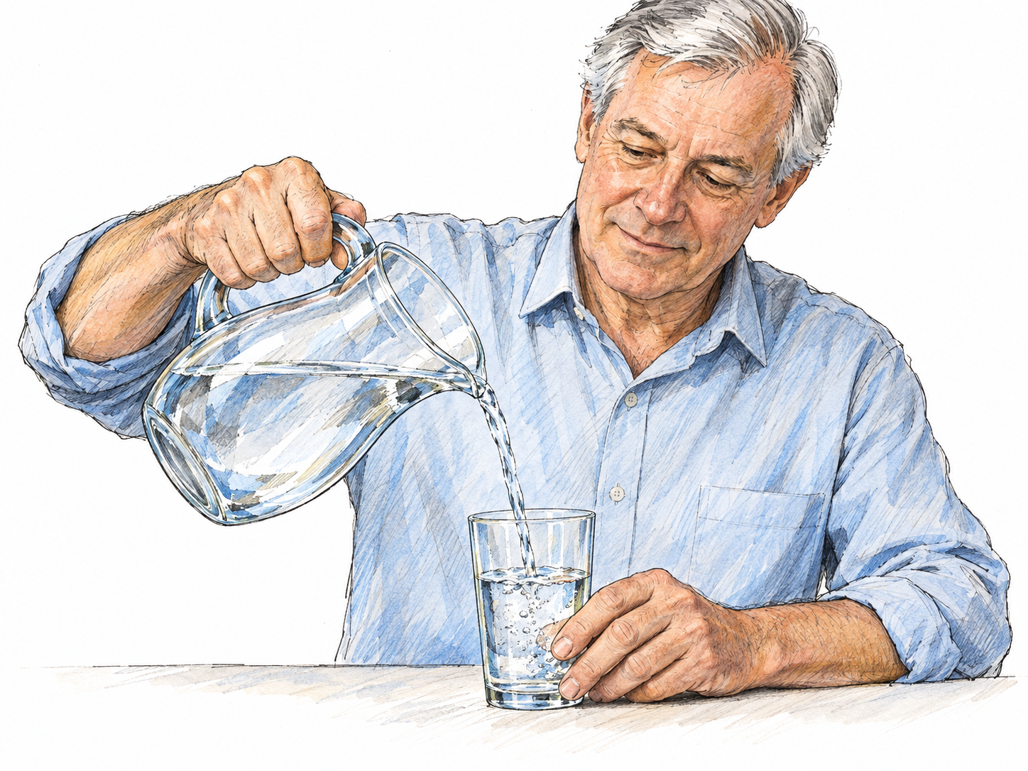 An older white man tilts a clear water pitcher, pouring a steady, unbroken stream into a glass on a simple tabletop.