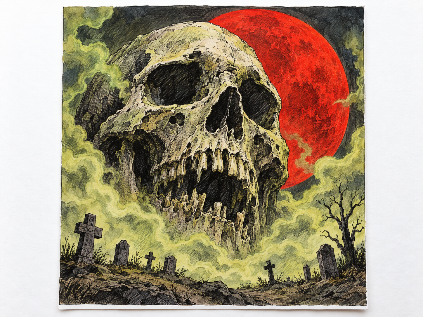 A lurid, wordless horror poster: a huge decaying skull with exposed teeth looms through sickly yellow-green smoke above a tiny cemetery, against a glaring blood-red moon.