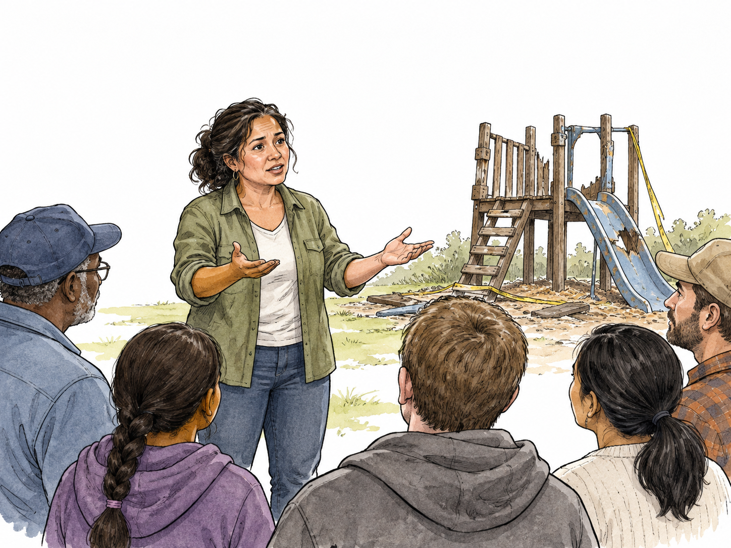 A Latina community organizer earnestly asks a small diverse gathering for help rebuilding a damaged playground.