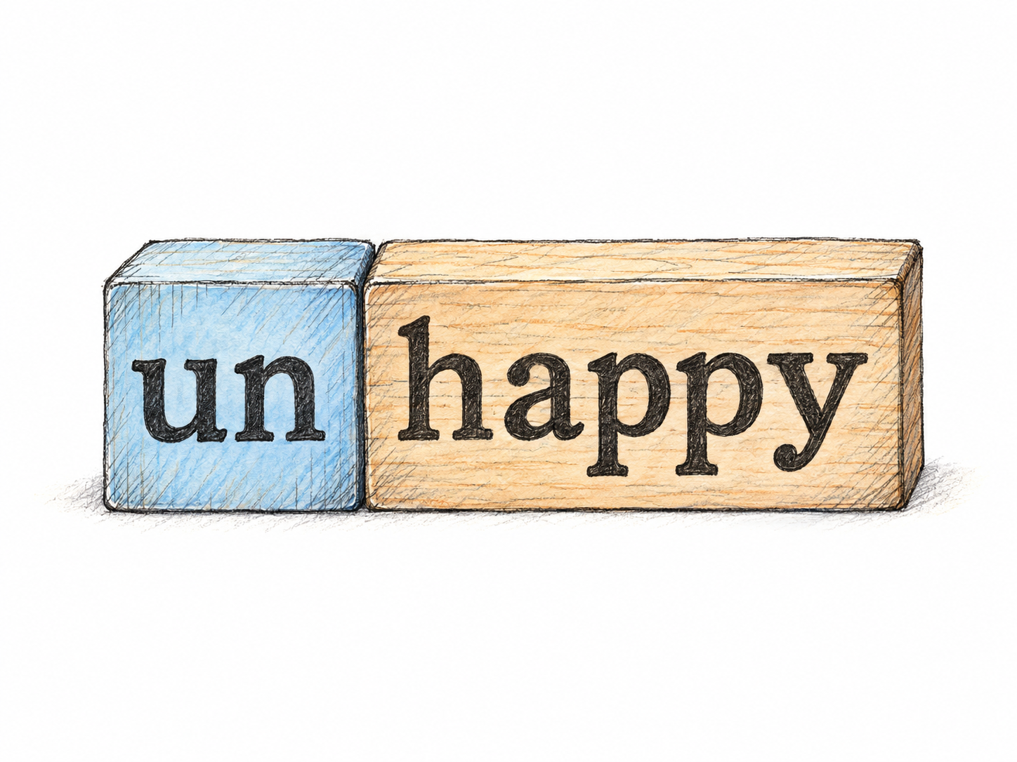 Two adjacent letter blocks demonstrate a prefix: a small block marked “un” sits directly before a longer block marked “happy,” forming “unhappy.” A narrow visible seam distinguishes the added beginning from the base word.