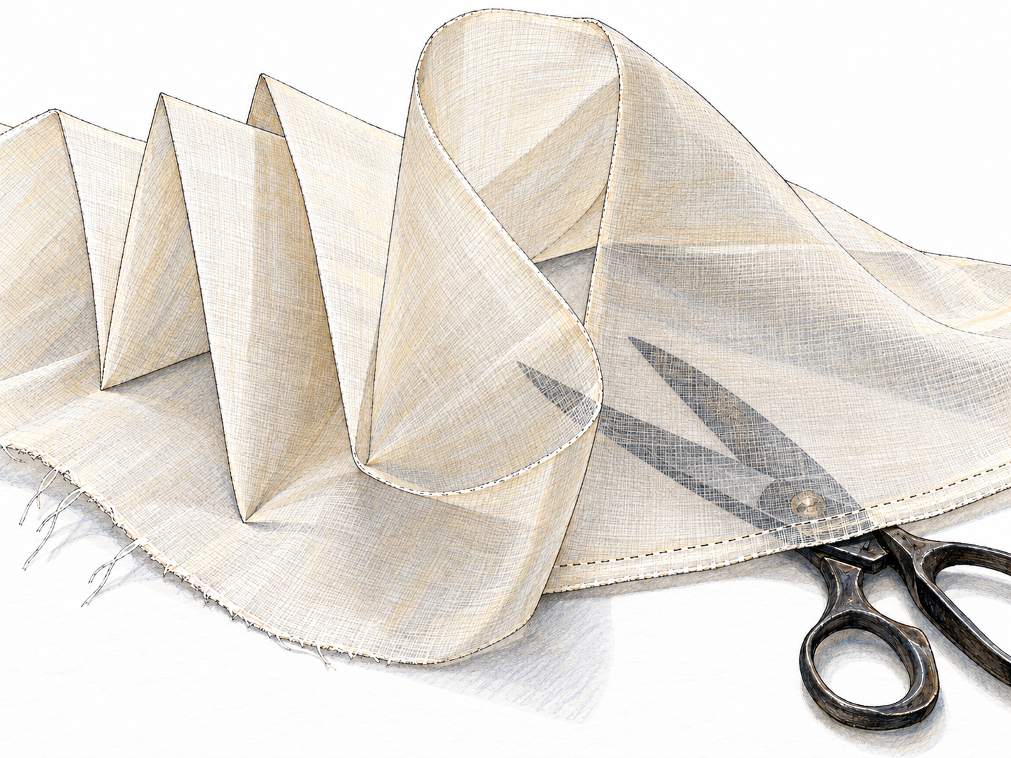 A close-up of pale ivory organdy arranged in crisp, self-supporting folds, with a loose single layer revealing the dark sewing scissors beneath it.