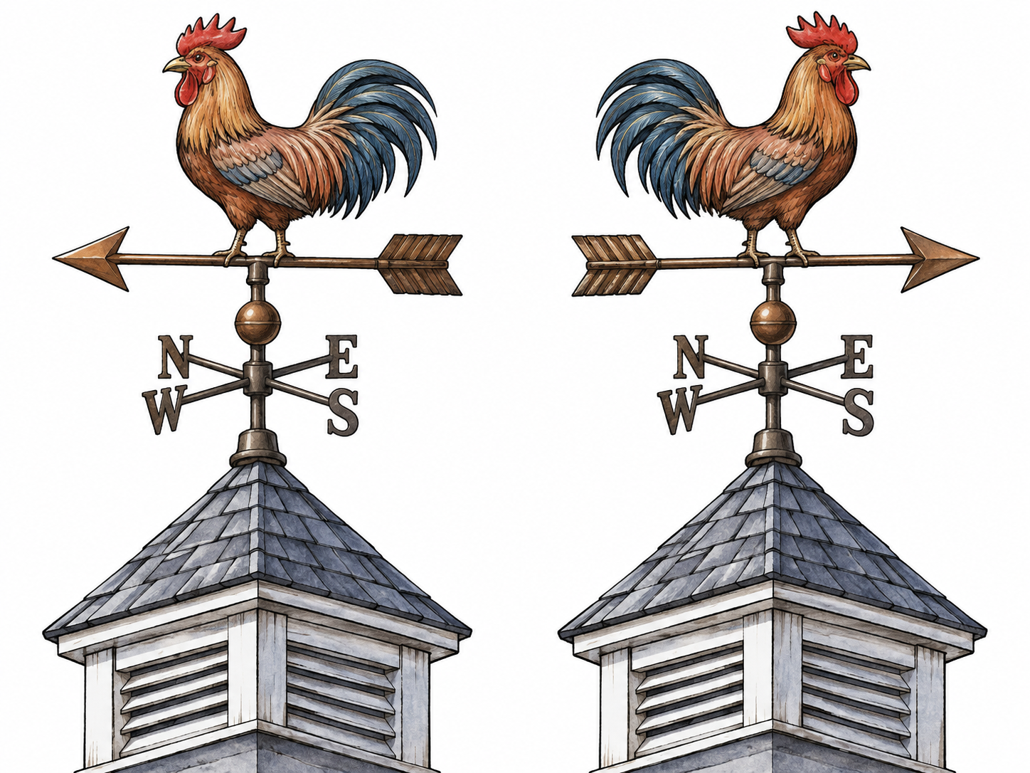 Two weather vanes point in opposite directions in a simple comparison, with paired opposing arrows; no invented words.