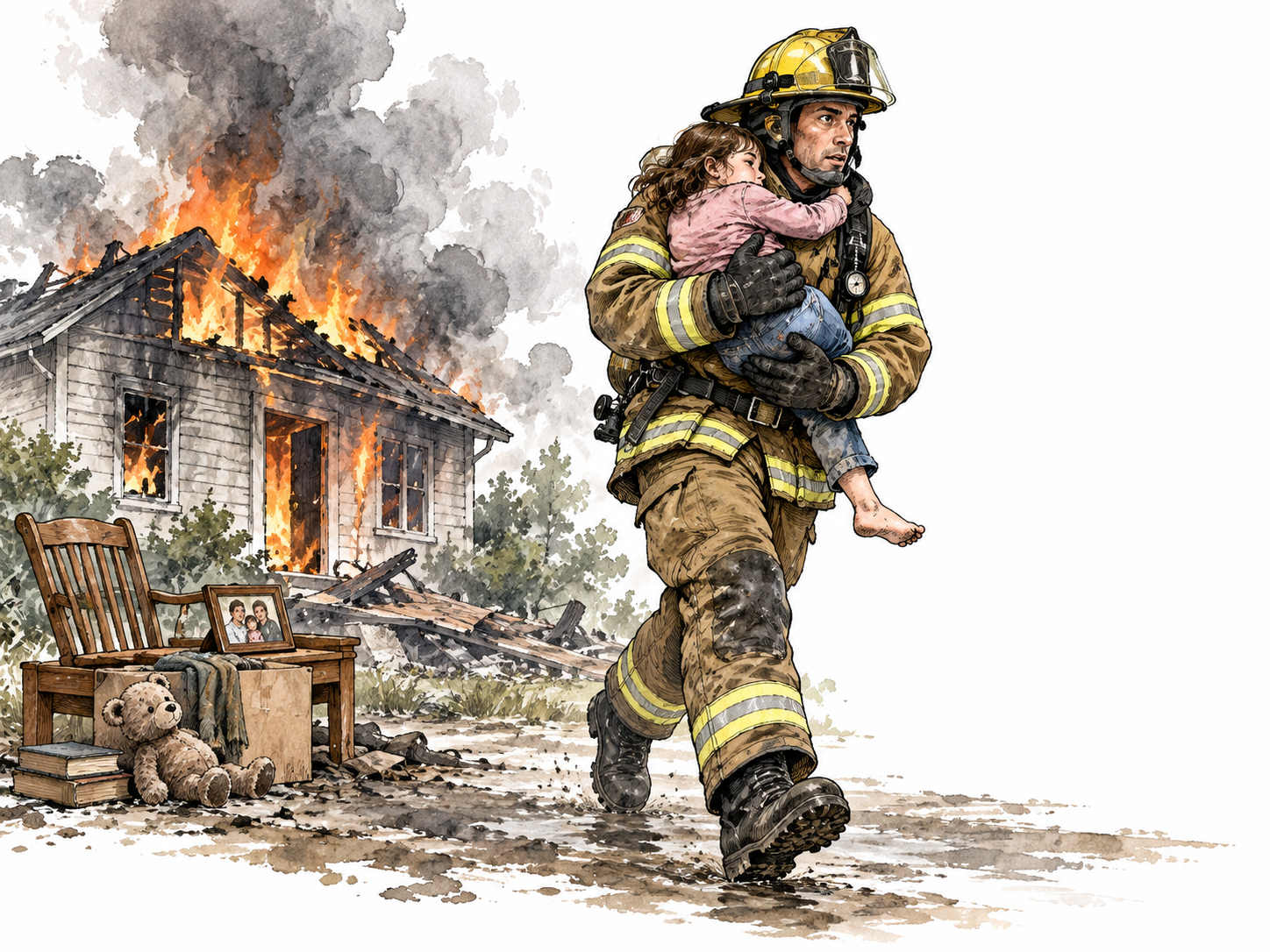 Rescue worker prioritizes carrying child to safety while possessions remain behind.