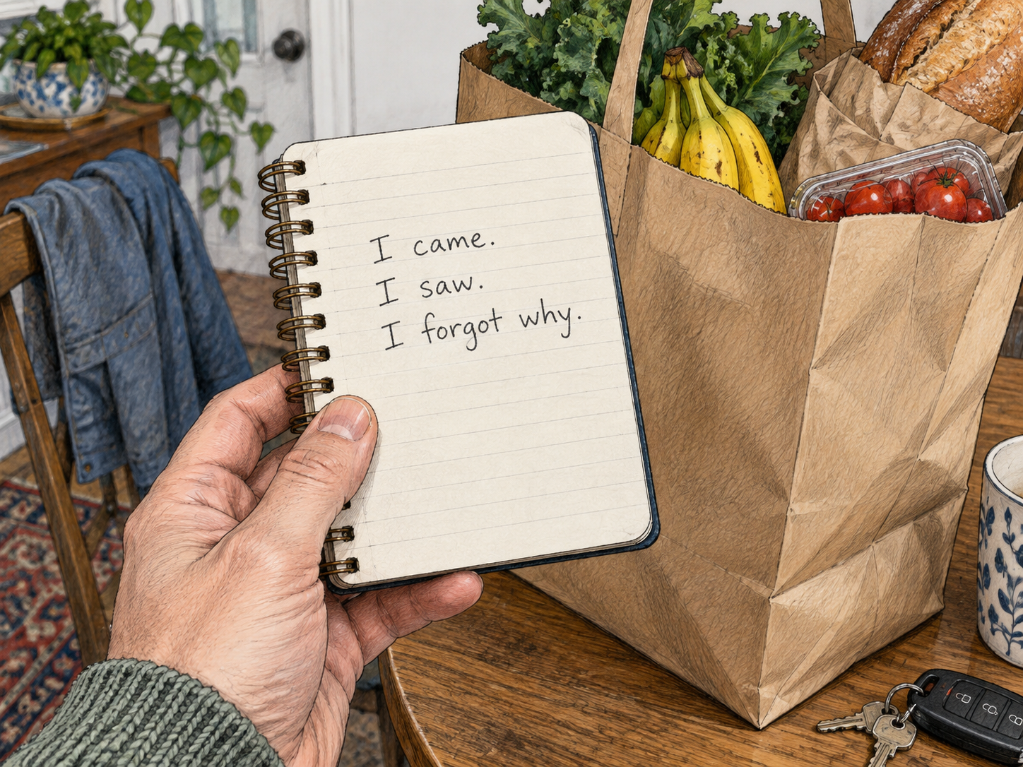 A notebook contains a brief humorous reversal about forgetting an errand.