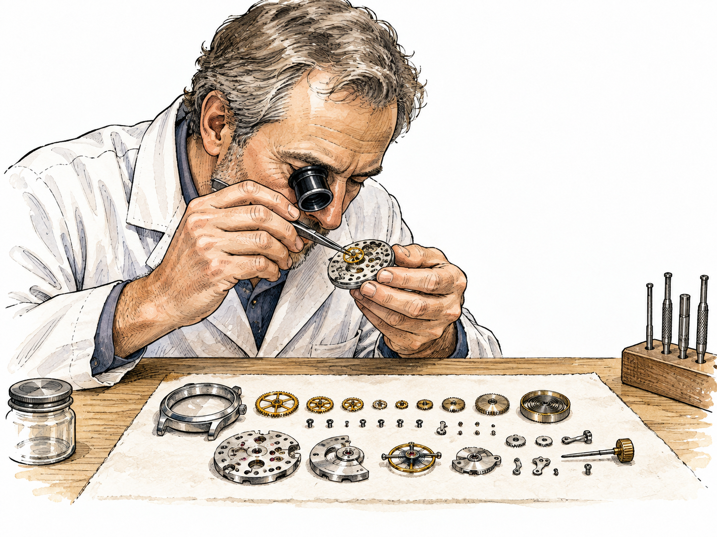 A white watch repairer examines separated clock gears arranged in order on a workbench.