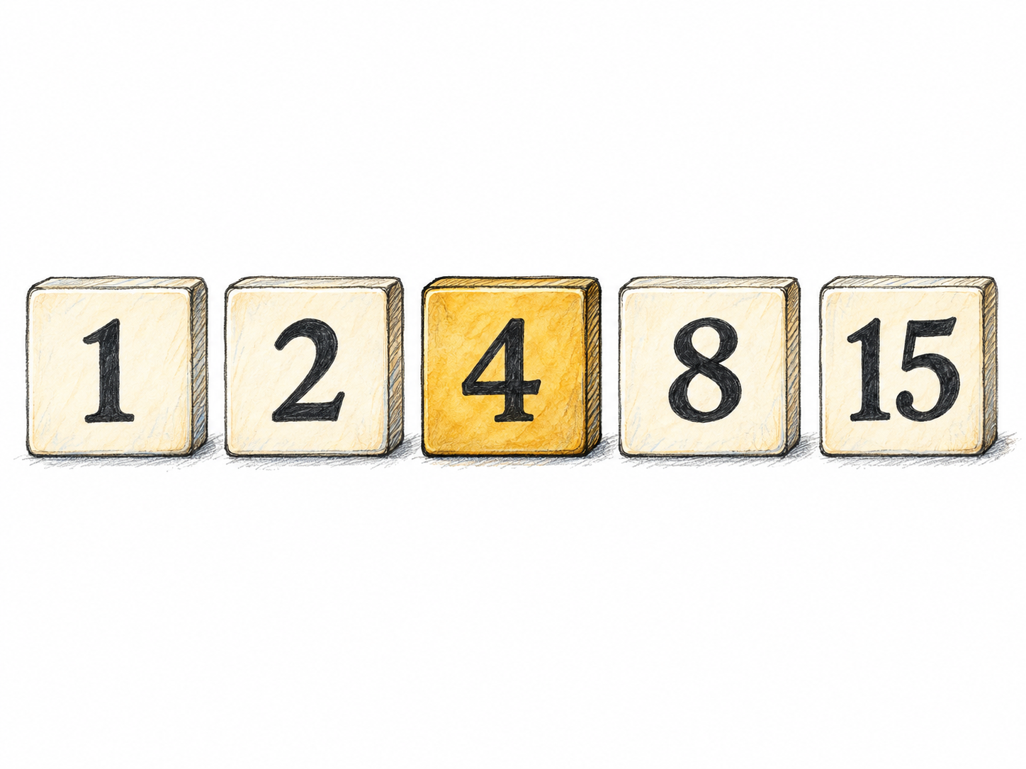 Five number tiles in ascending order—1, 2, 4, 8, 15—with only the central tile, 4, highlighted.
