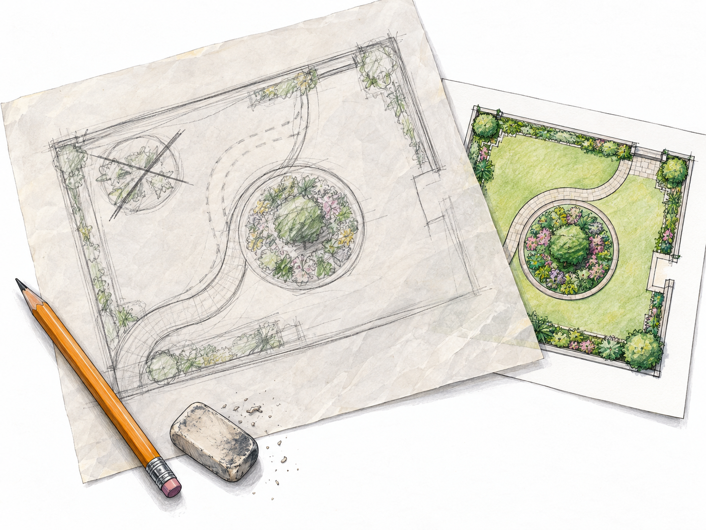 An unfinished garden-layout plan on tracing paper shows tentative pencil outlines, erased alternatives, and a visibly revised path.